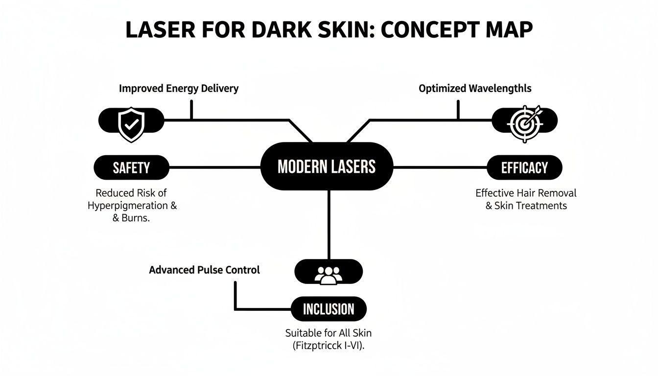 A concept map illustrating modern laser benefits for dark skin, detailing safety, efficacy, and inclusion features.