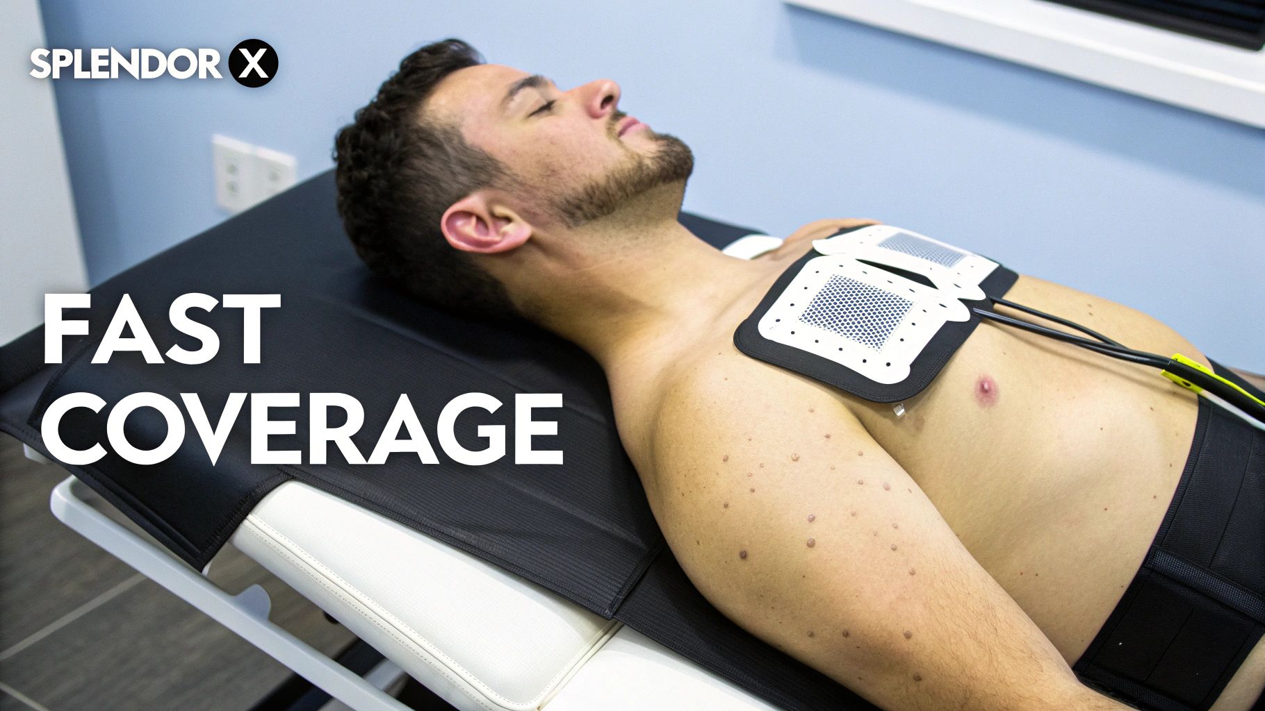 A man lies on a medical bed with treatment pads on his chest for laser hair removal.