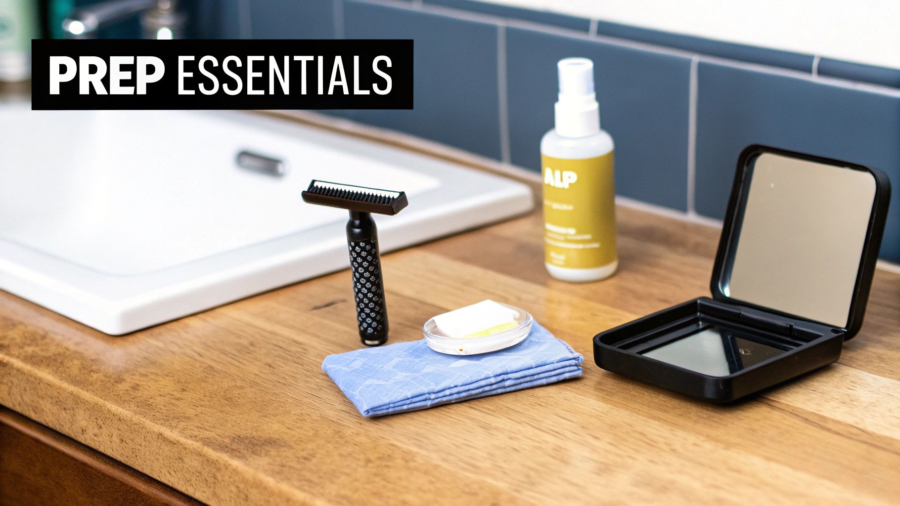 Prep essentials for grooming, including a safety razor, cosmetic bottle, cloth, and mirror on a wooden counter.
