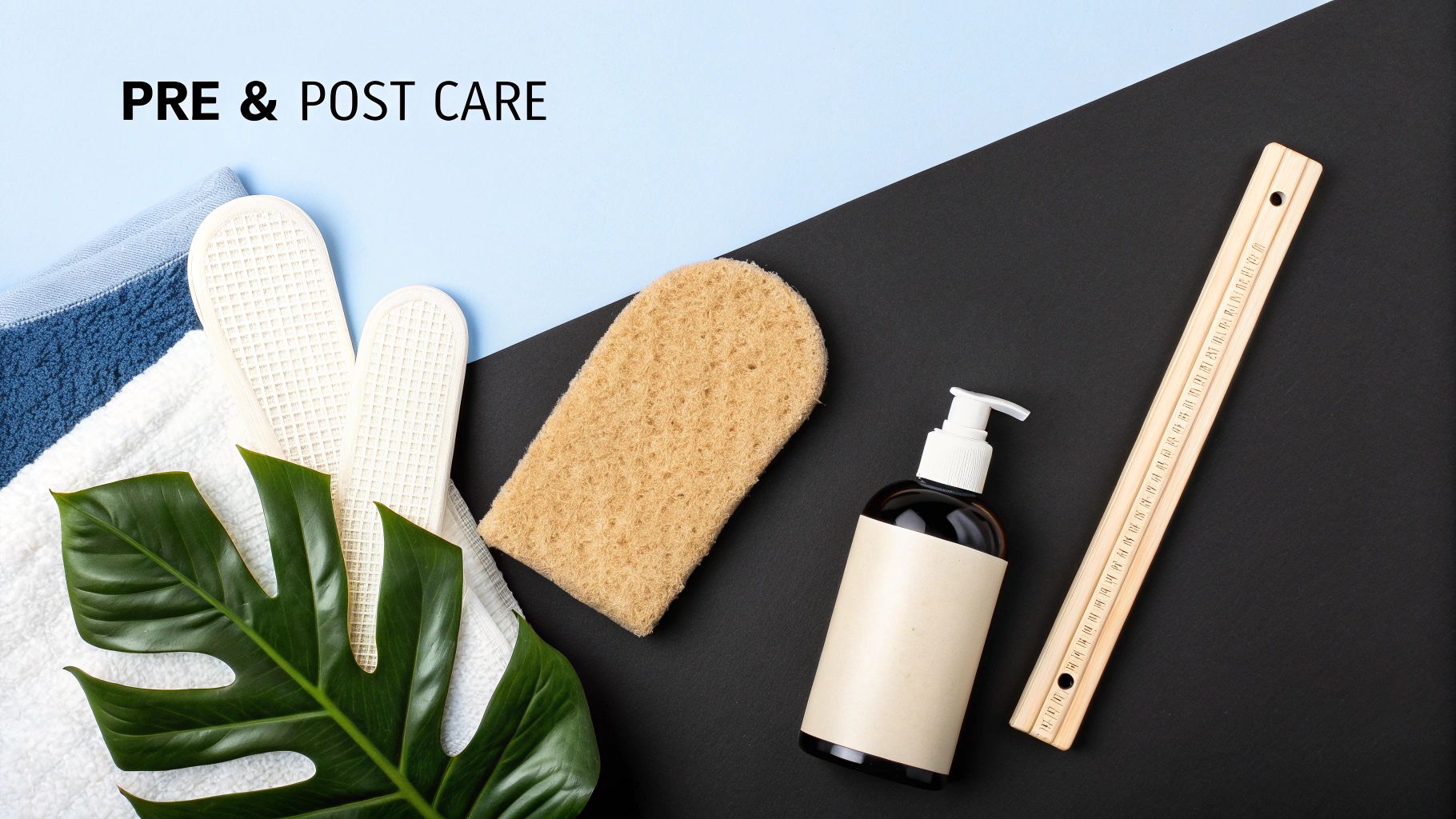 Spa and self-care essentials for pre and post treatment, including towels, slippers, exfoliating mitt, and lotion bottle.