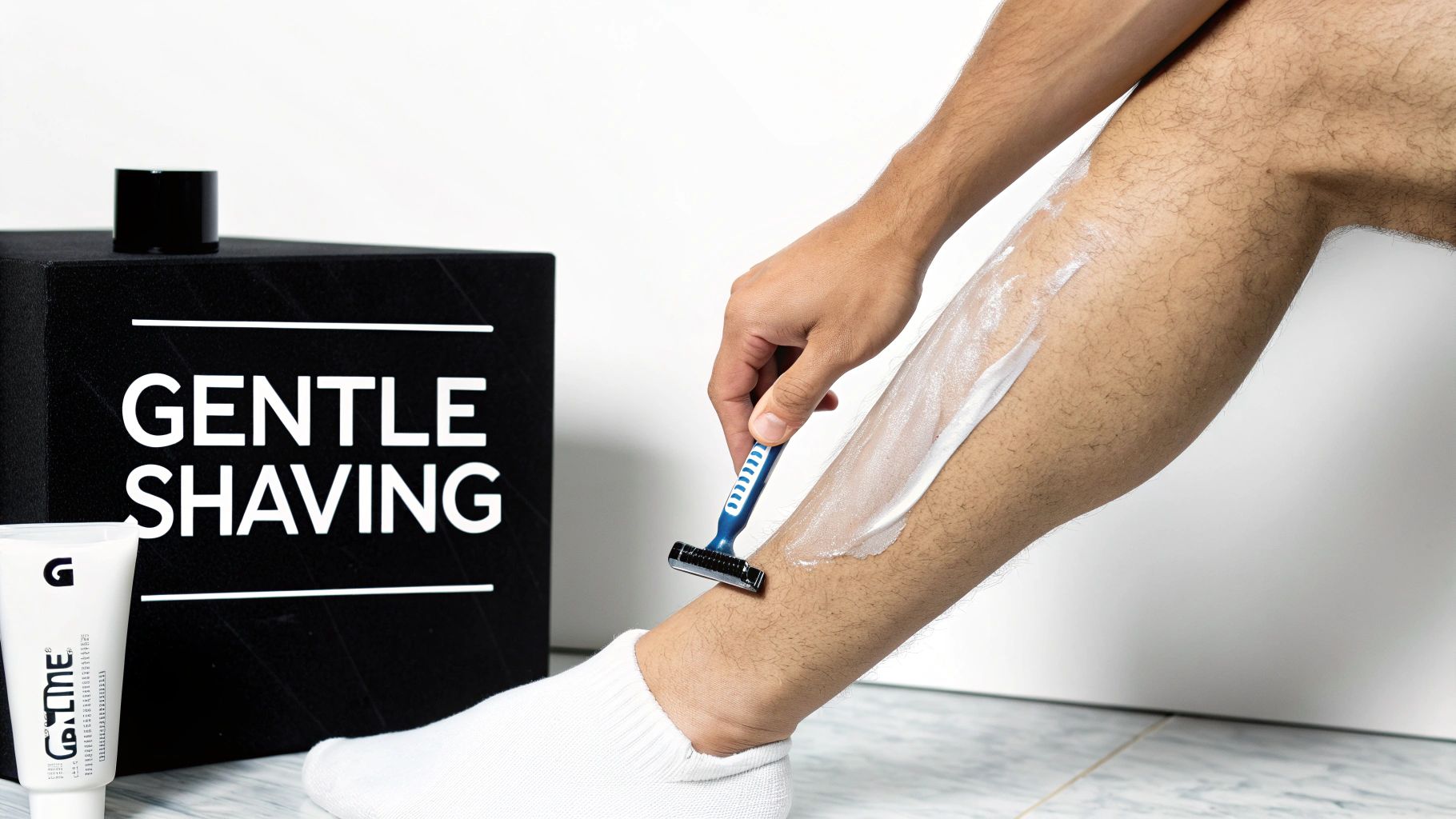 A person shaves their leg with a blue razor and white cream next to a "GENTLE SHAVING" box.
