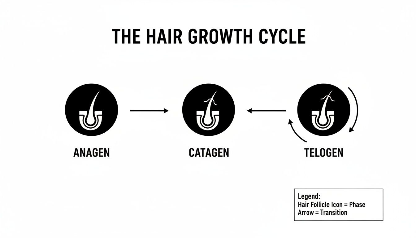 A diagram illustrates the hair growth cycle, showing anagen, catagen, and telogen phases.