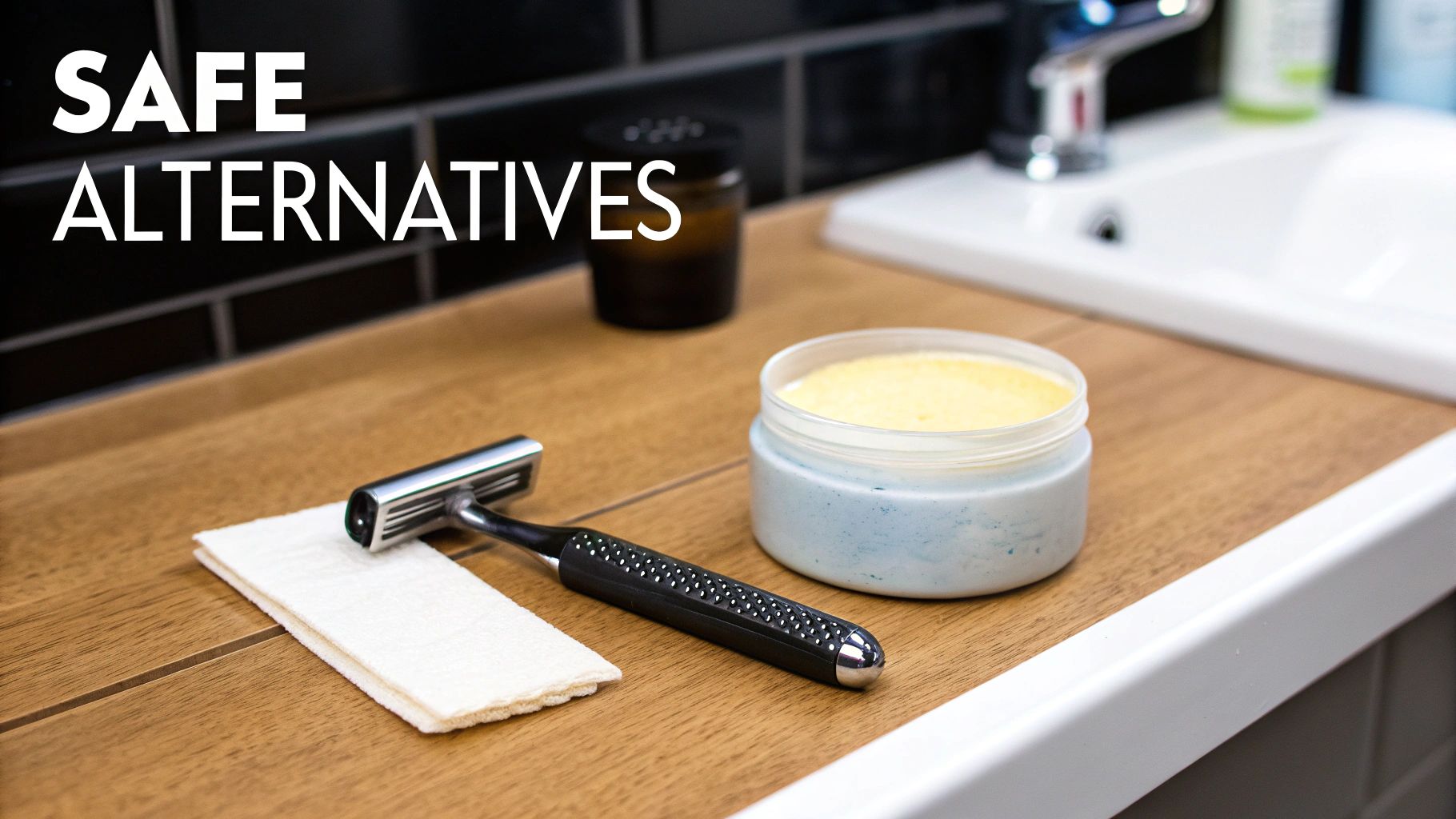 A safety razor, small towel, and a jar of yellow shaving cream on a wooden bathroom counter. Text reads "SAFE ALTERNATIVES".