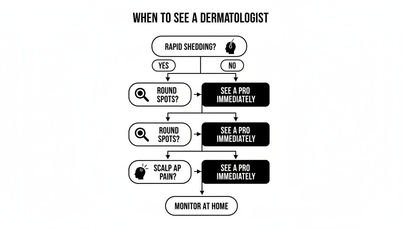 Flowchart titled 'When to See a Dermatologist,' outlining symptoms like rapid shedding, round spots, and scalp pain.