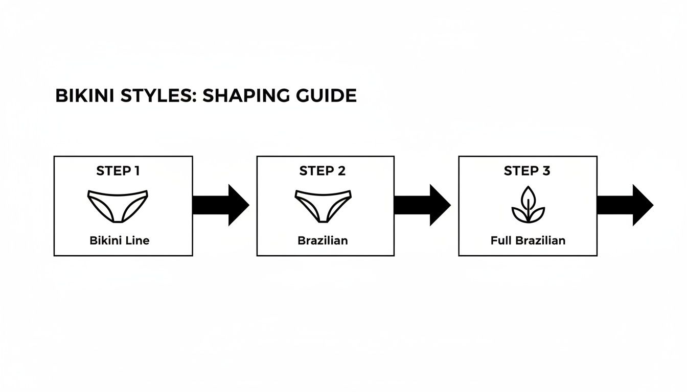 A step-by-step guide illustrating different bikini shaping styles: Bikini Line, Brazilian, and Full Brazilian.
