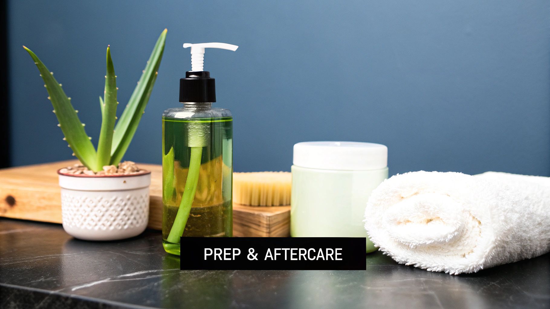 A setup for prep and aftercare with an aloe vera plant, lotion, cream, and a towel.