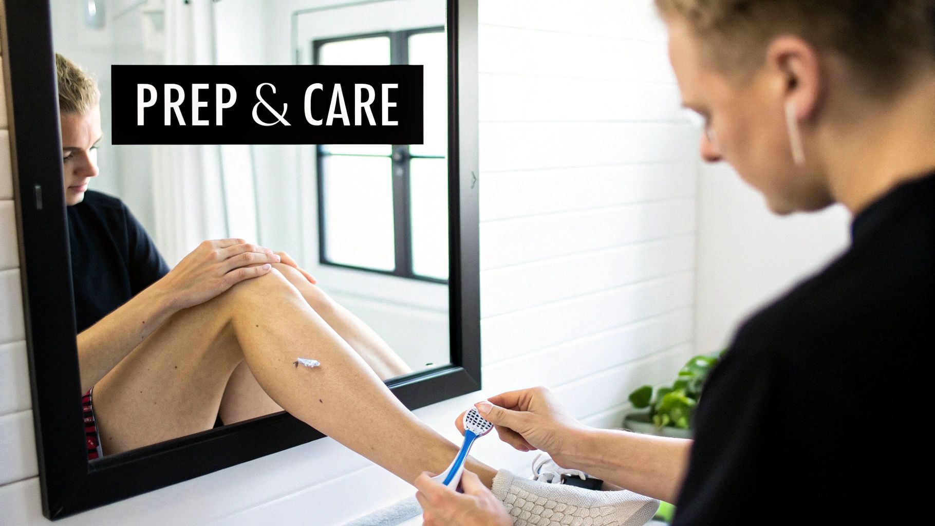 Person in a bathroom preparing their leg with a scrub tool and cream, with 'PREP &amp; CARE' text.