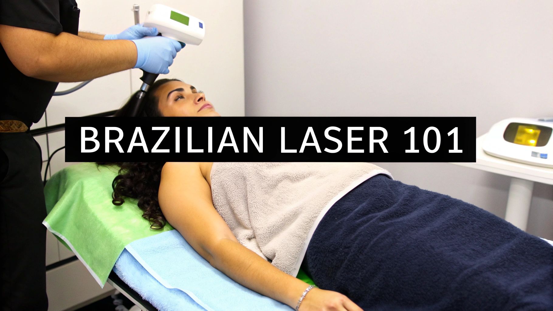 A technician performs laser hair removal on a woman's head, with 'BRAZILIAN LASER 101' text overlay.