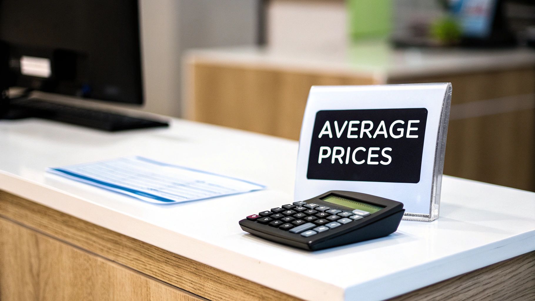 A black calculator and a sign reading 'AVERAGE PRICES' on a modern white desk.
