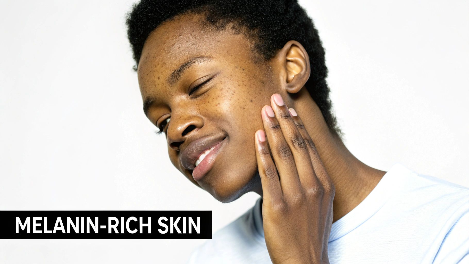 A young person with melanin-rich skin smiles while gently touching their face.