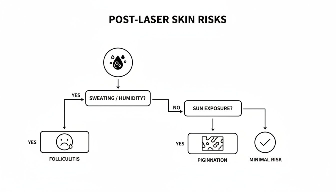 Flowchart illustrating post-laser skin risks, showing folliculitis from sweating and pigmentation from sun exposure.