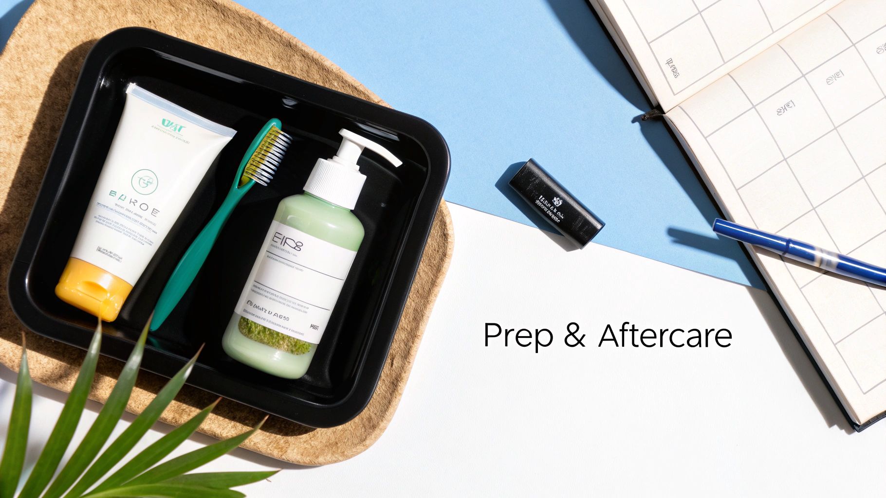 Personal care products in a black tray, including skincare bottles, a toothbrush, next to a planner and pen.