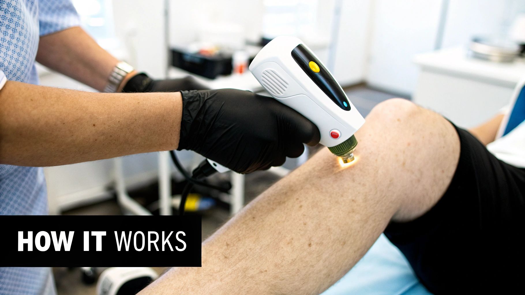 A close-up shows a medical professional using a laser device on a patient's leg for treatment.