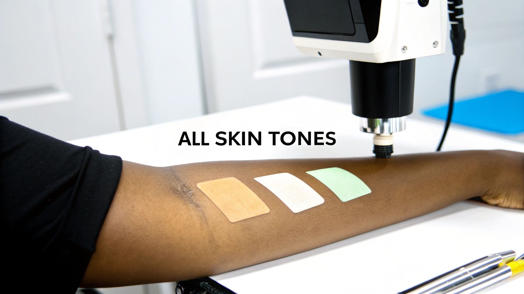 A dark-skinned arm with three color patches being examined by a device, highlighting suitability for all skin tones.