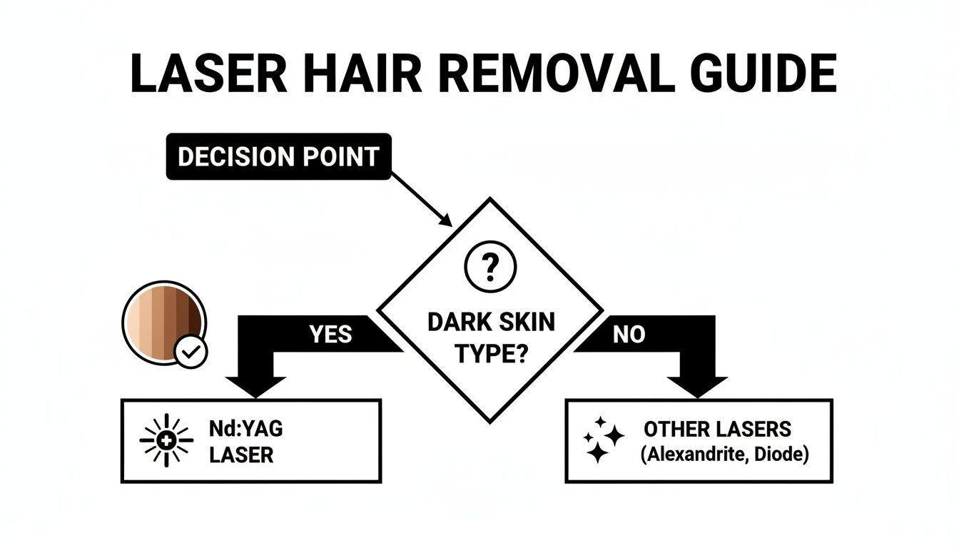 Flowchart guiding laser hair removal choices: Nd:YAG for dark skin, other lasers like Alexandrite and Diode for lighter skin.