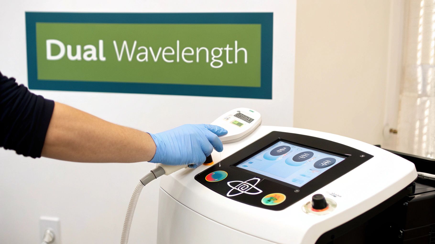 A person wearing a blue glove operates a white medical laser device with a touchscreen and handpiece.