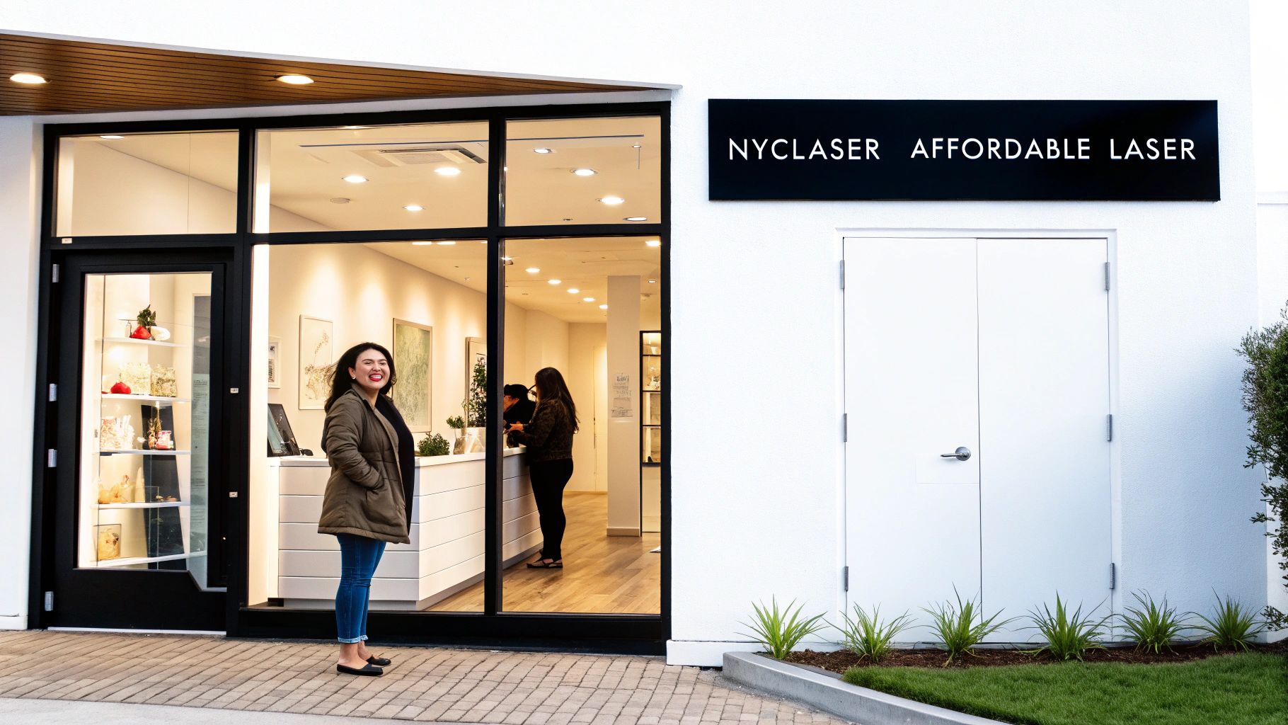 A smiling woman stands outside a modern storefront for NYCLASER, an affordable laser service.