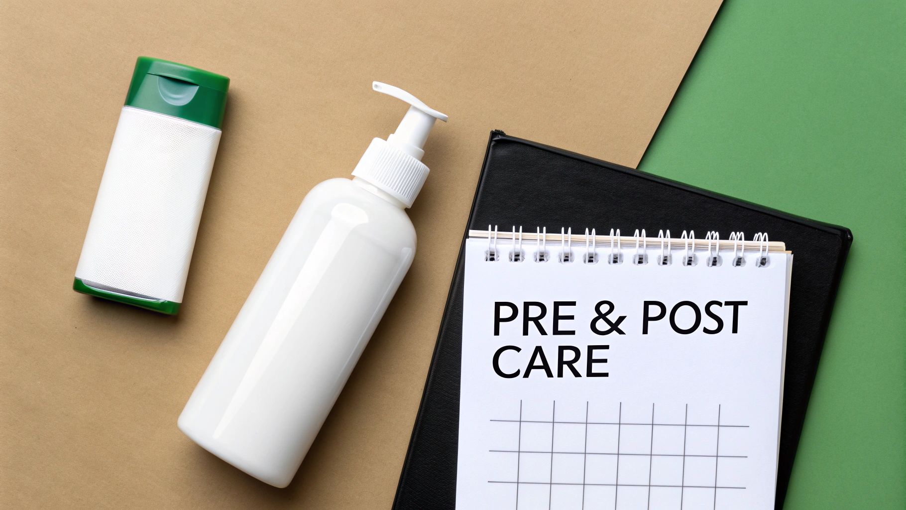 Two white cosmetic bottles and a notepad with 'PRE &amp; POST CARE' text on a dual-tone background.