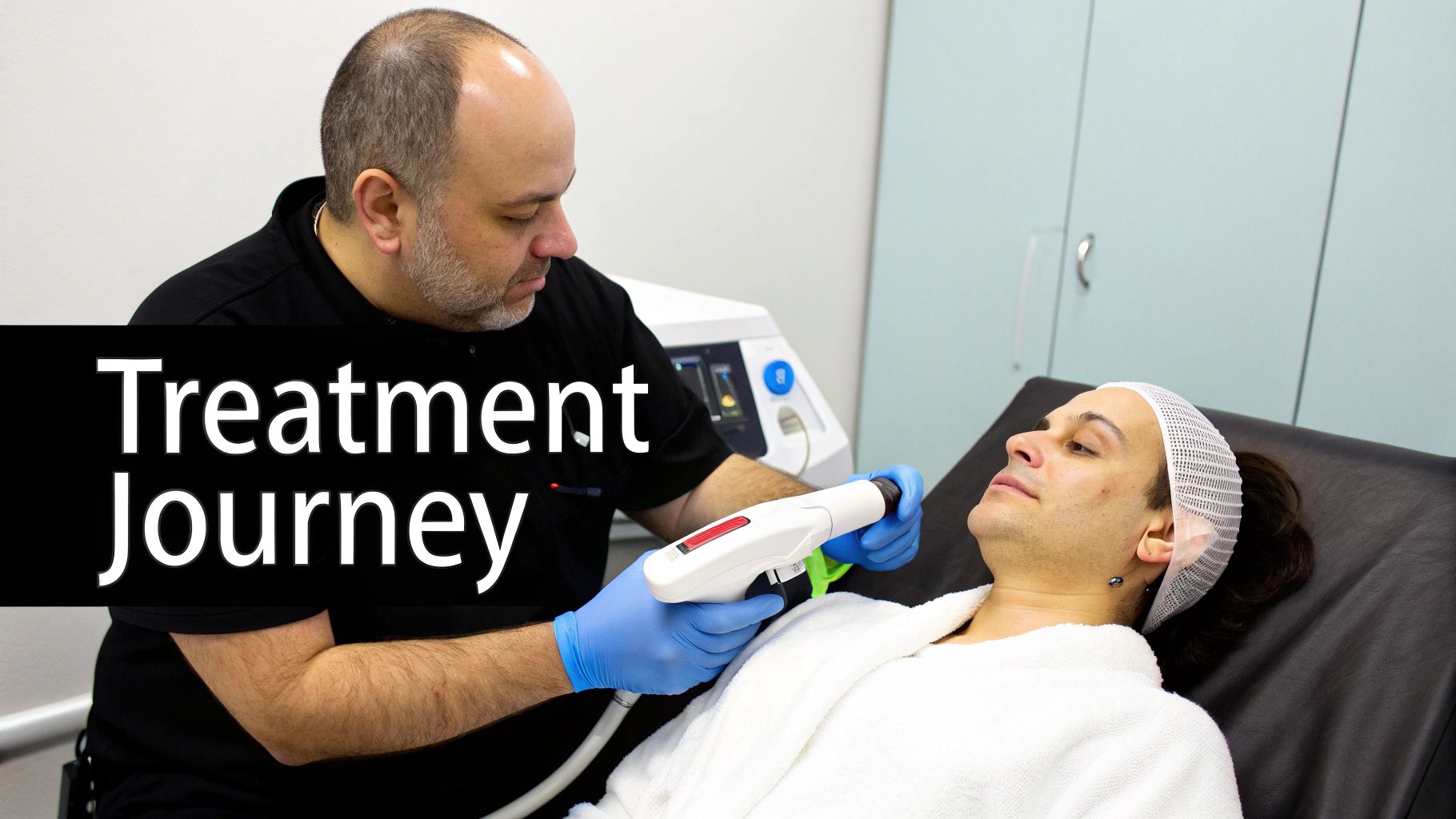 A male practitioner in blue gloves performs a laser treatment on a patient's neck, wearing a white headwrap.