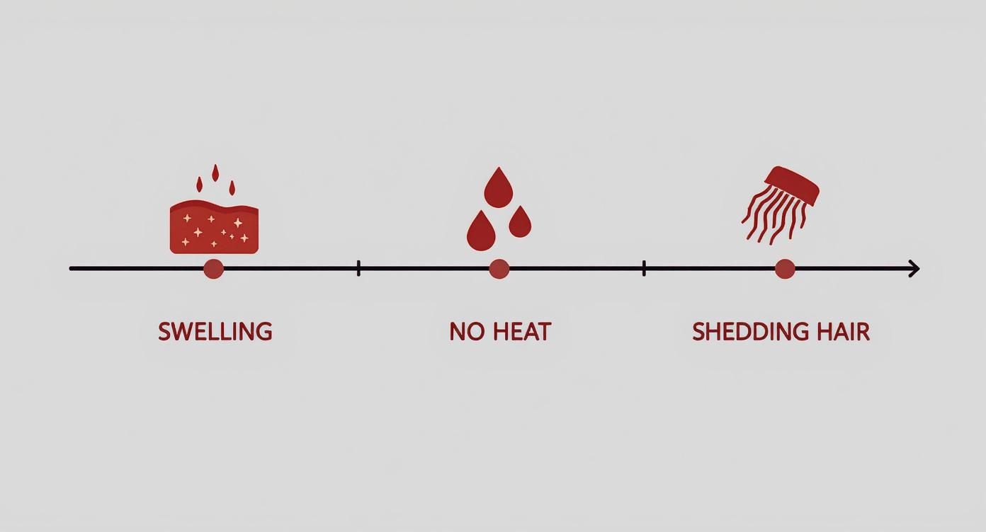 Infographic timeline with red icons showing swelling, no heat, and shedding hair stages.