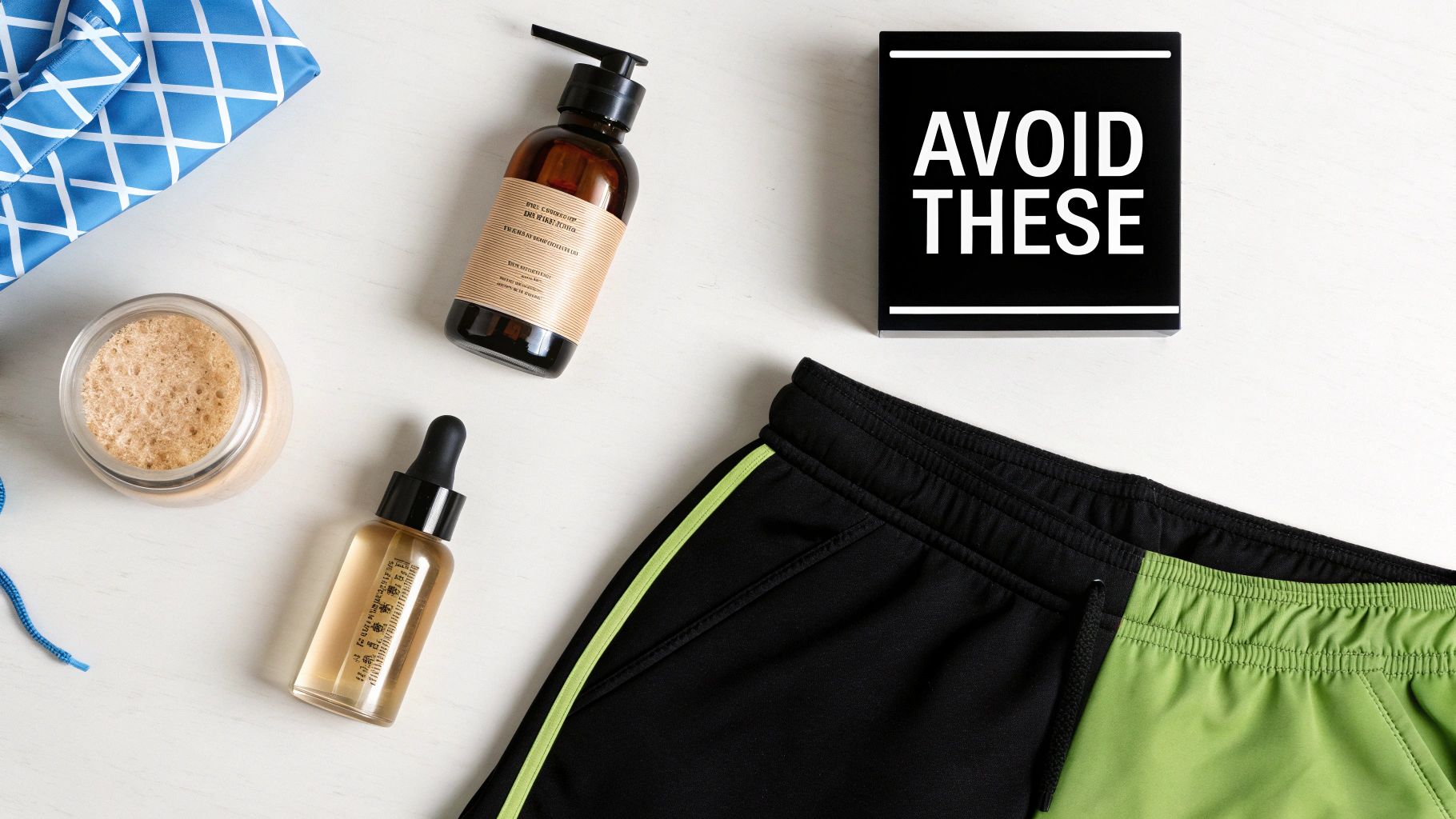 Overhead shot of skincare items, athletic shorts, and a block with "AVOID THESE."