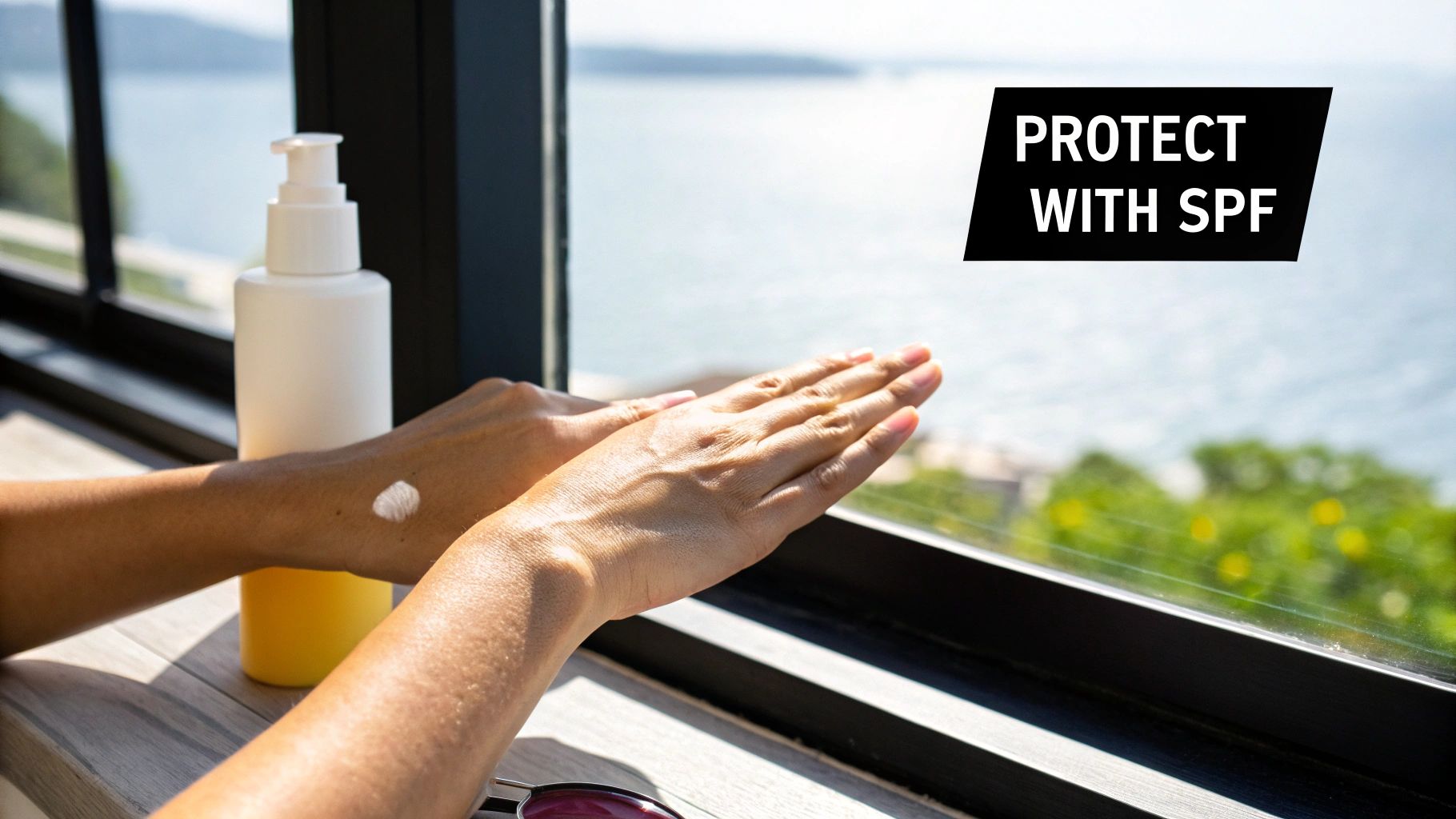 A person applies sunscreen to their arm, with a bottle of SPF and 'PROTECT WITH SPF' text visible.