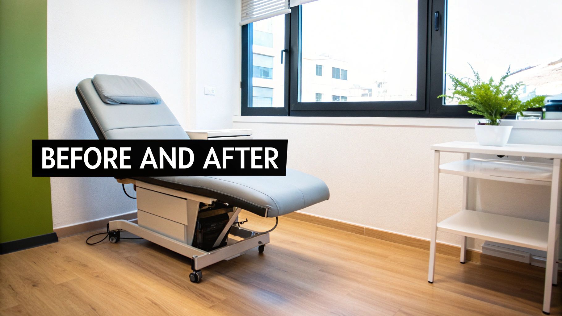 A clean and modern clinic room with a grey examination bed, a large window, and a plant on a white side table.