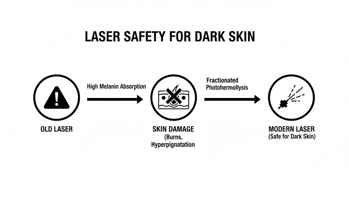 Flowchart detailing laser safety for dark skin, contrasting old damaging lasers with modern safe technology.