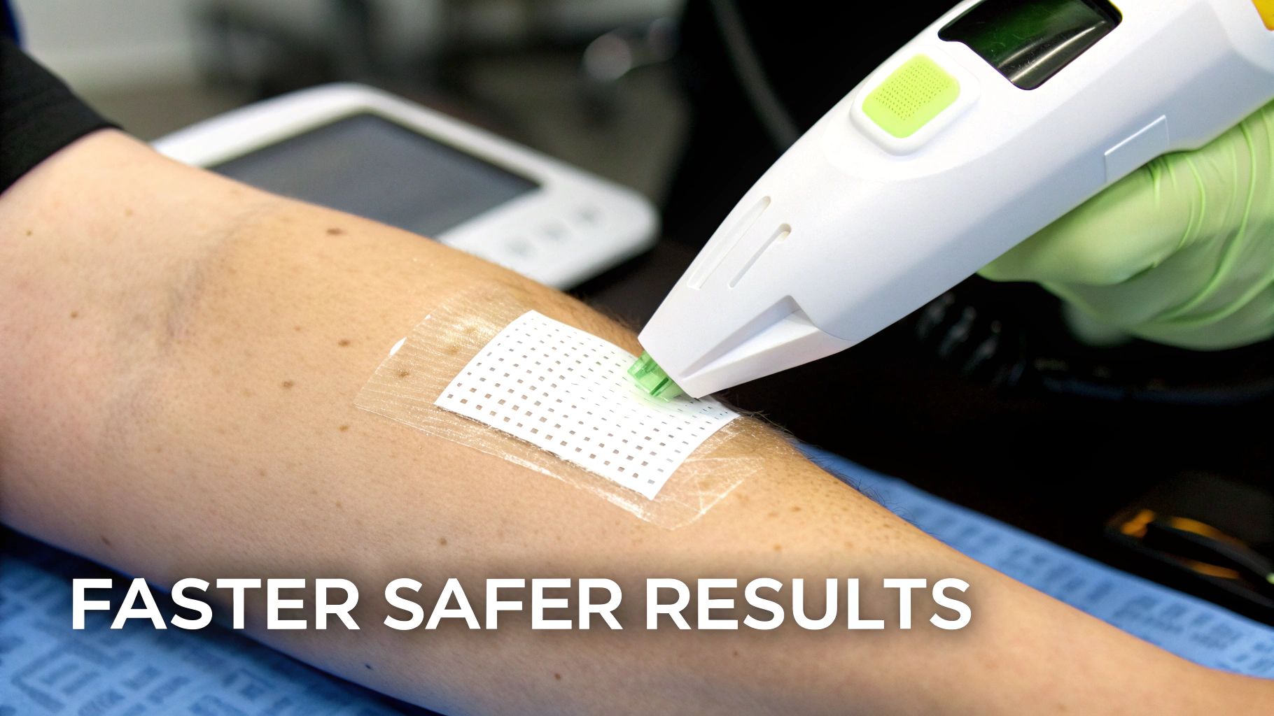 Close-up of a gloved hand applying a medical device to a skin patch on a person's forearm.