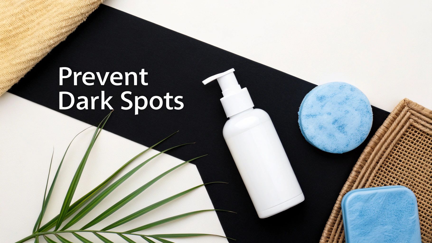 Flat lay of skincare products, including a white pump bottle and blue sponges, with text 'Prevent Dark Spots' and a palm leaf.