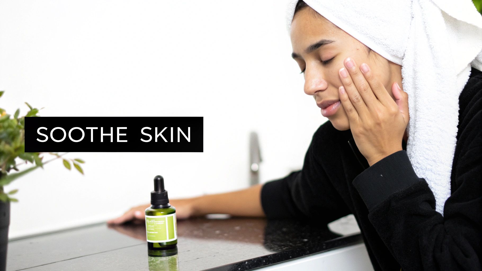 A woman with a white towel on her head gently applies a skincare serum to her face.