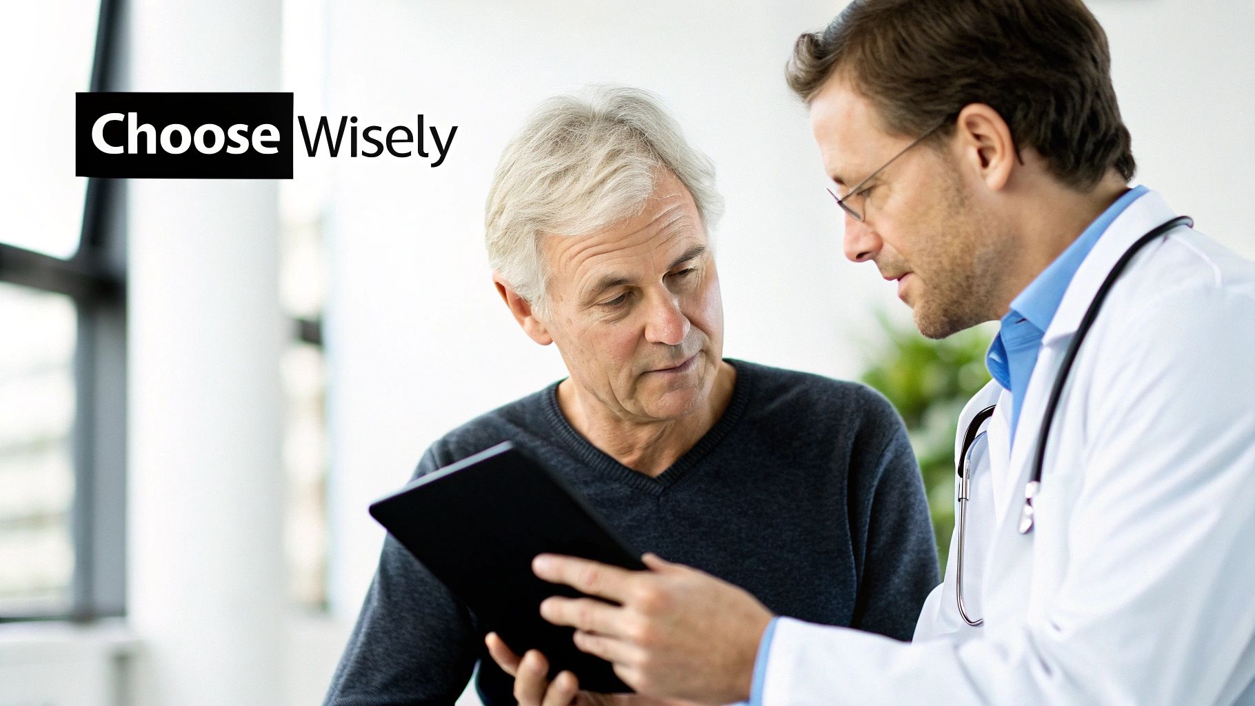 A doctor in a white coat shows an older male patient information on a tablet, with 'Choose Wisely' text.