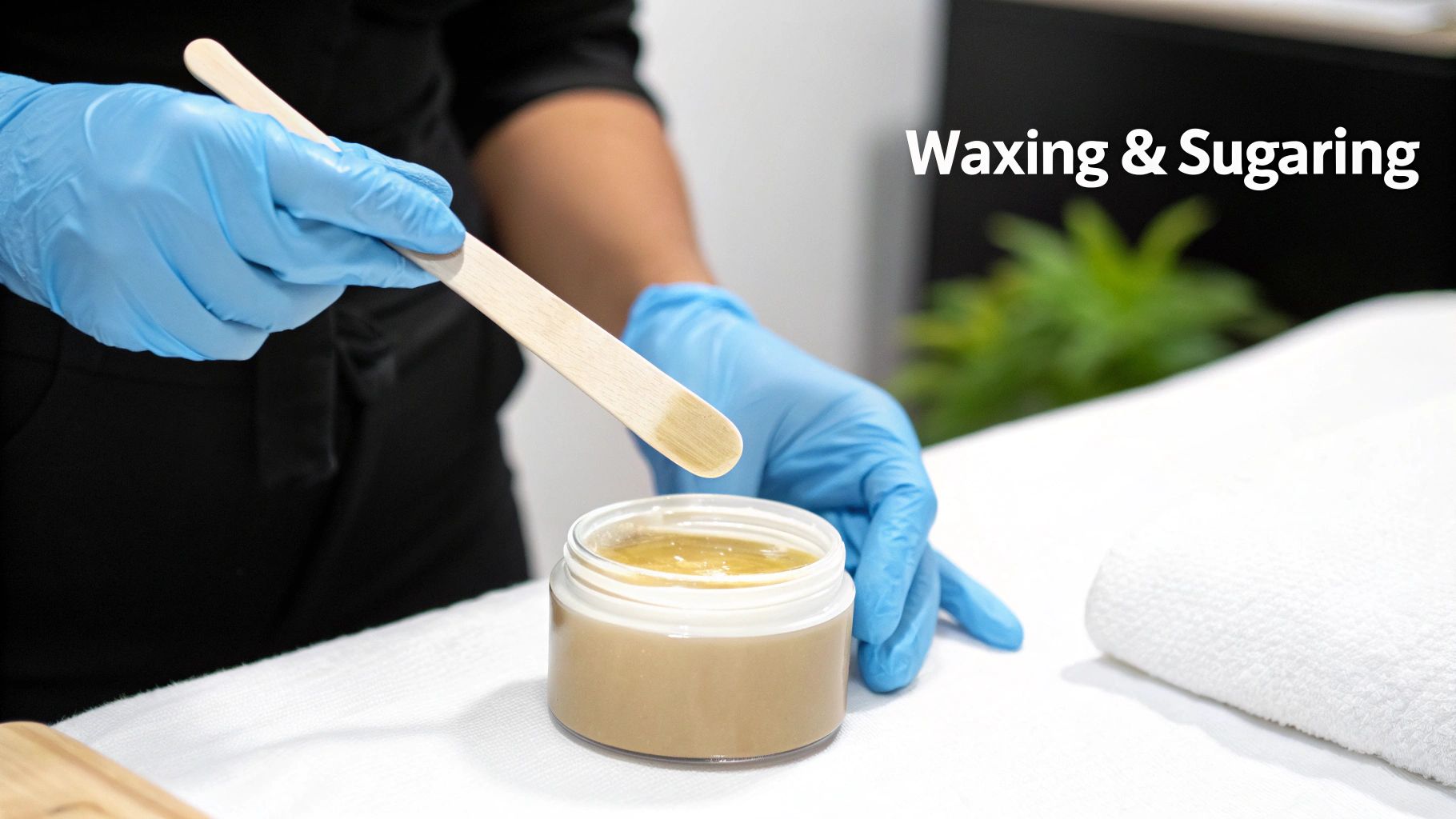 A person in blue gloves holds a wooden spatula with wax over a jar of sugaring paste.