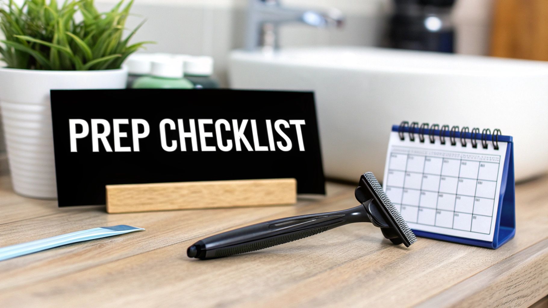 A black prep checklist sign, a razor, and a calendar on a wooden bathroom counter.