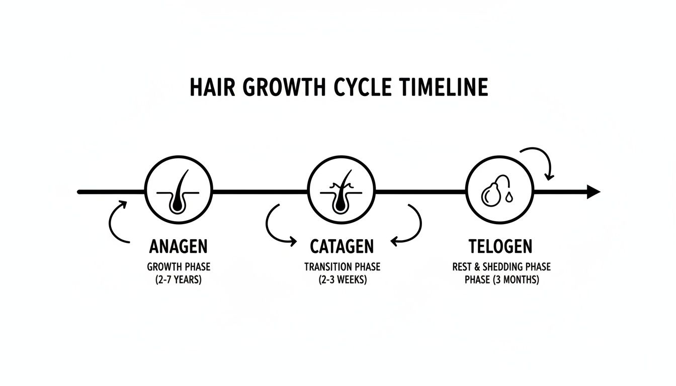 Infographic illustrating the three phases of the hair growth cycle: Anagen, Catagen, and Telogen, with durations.