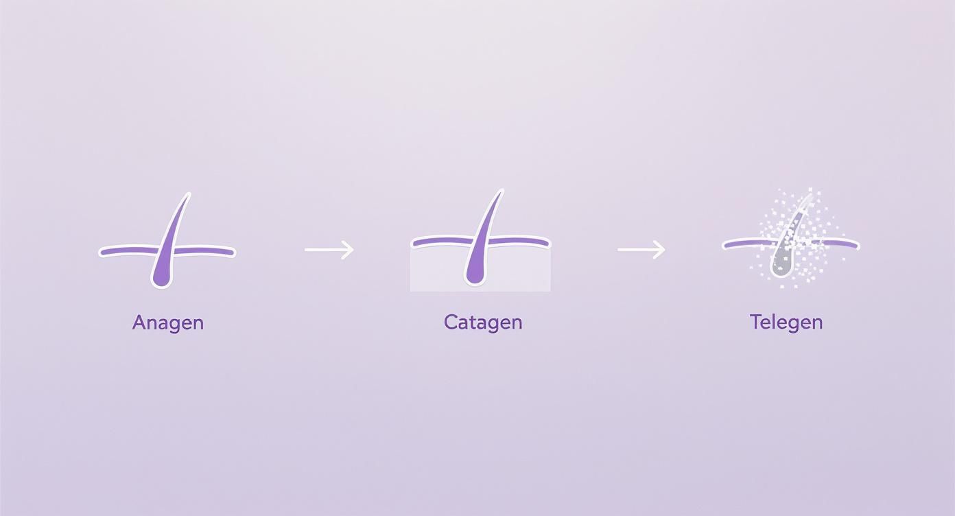 Illustrative diagram showing the three phases of human hair growth: Anagen, Catagen, and Telegen.