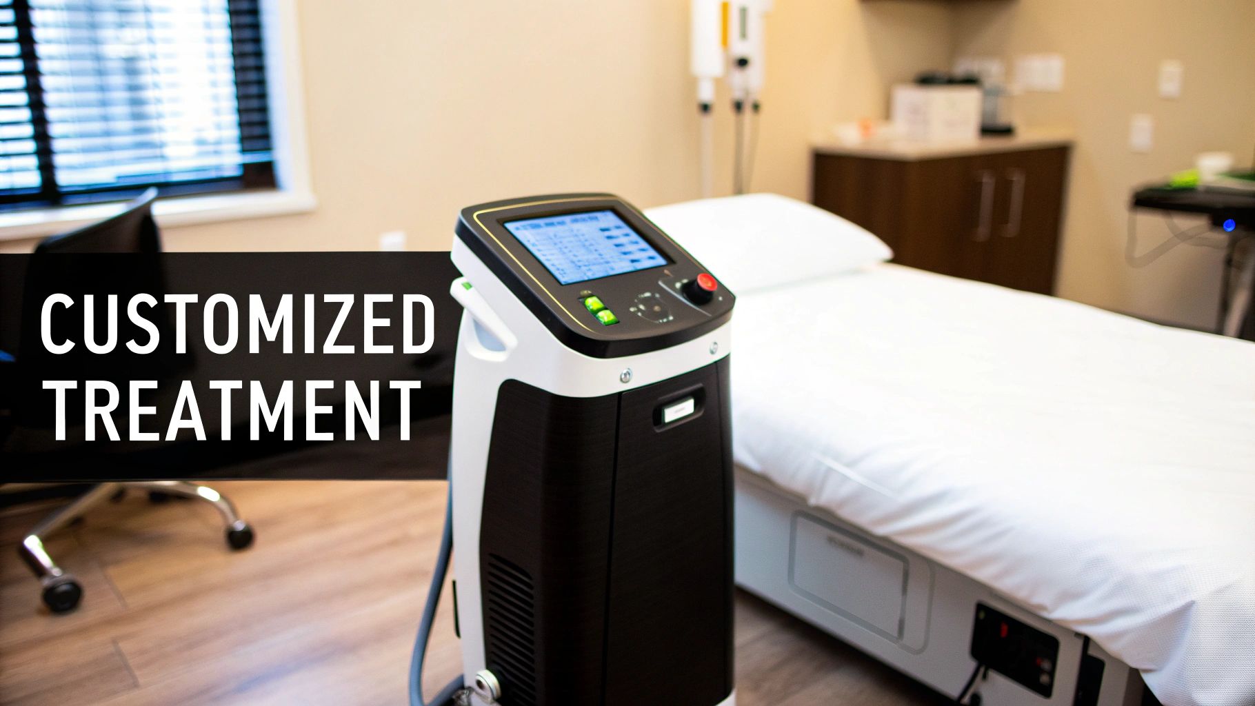 A modern laser therapy machine next to an examination bed in a sterile clinic room, emphasizing customized treatment.
