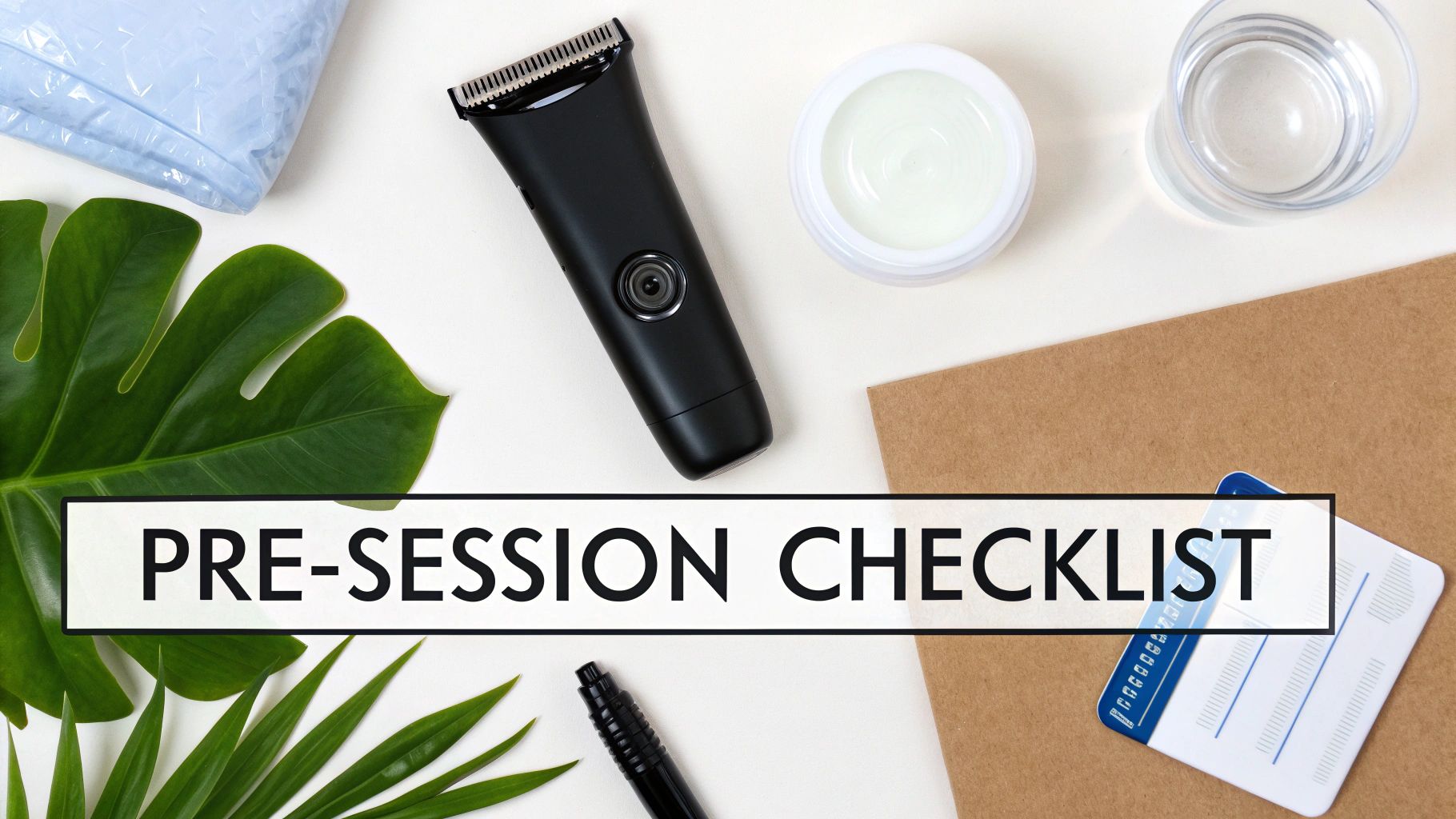 A flat lay of grooming essentials including a trimmer, cream, and water with a 'PRE-SESSION CHECKLIST' overlay.