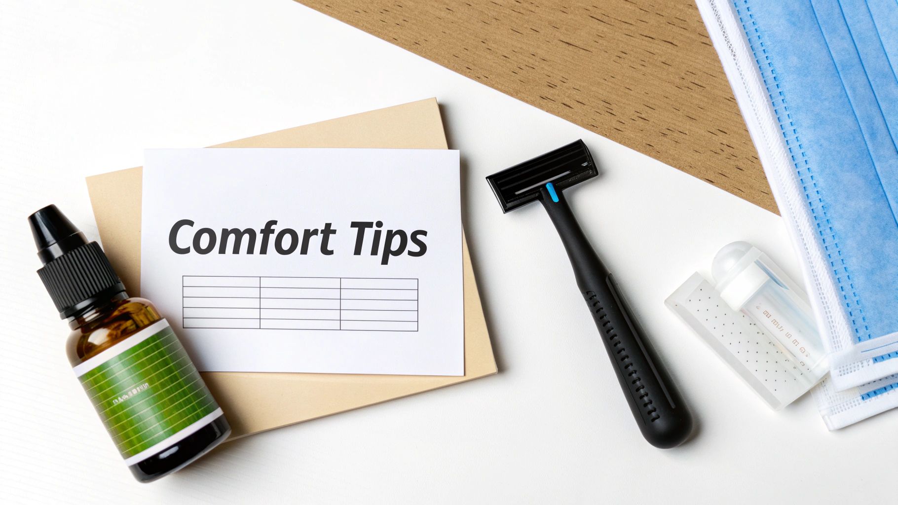 A note titled 'Comfort Tips' with a dropper bottle, razor, face masks, and a small container.
