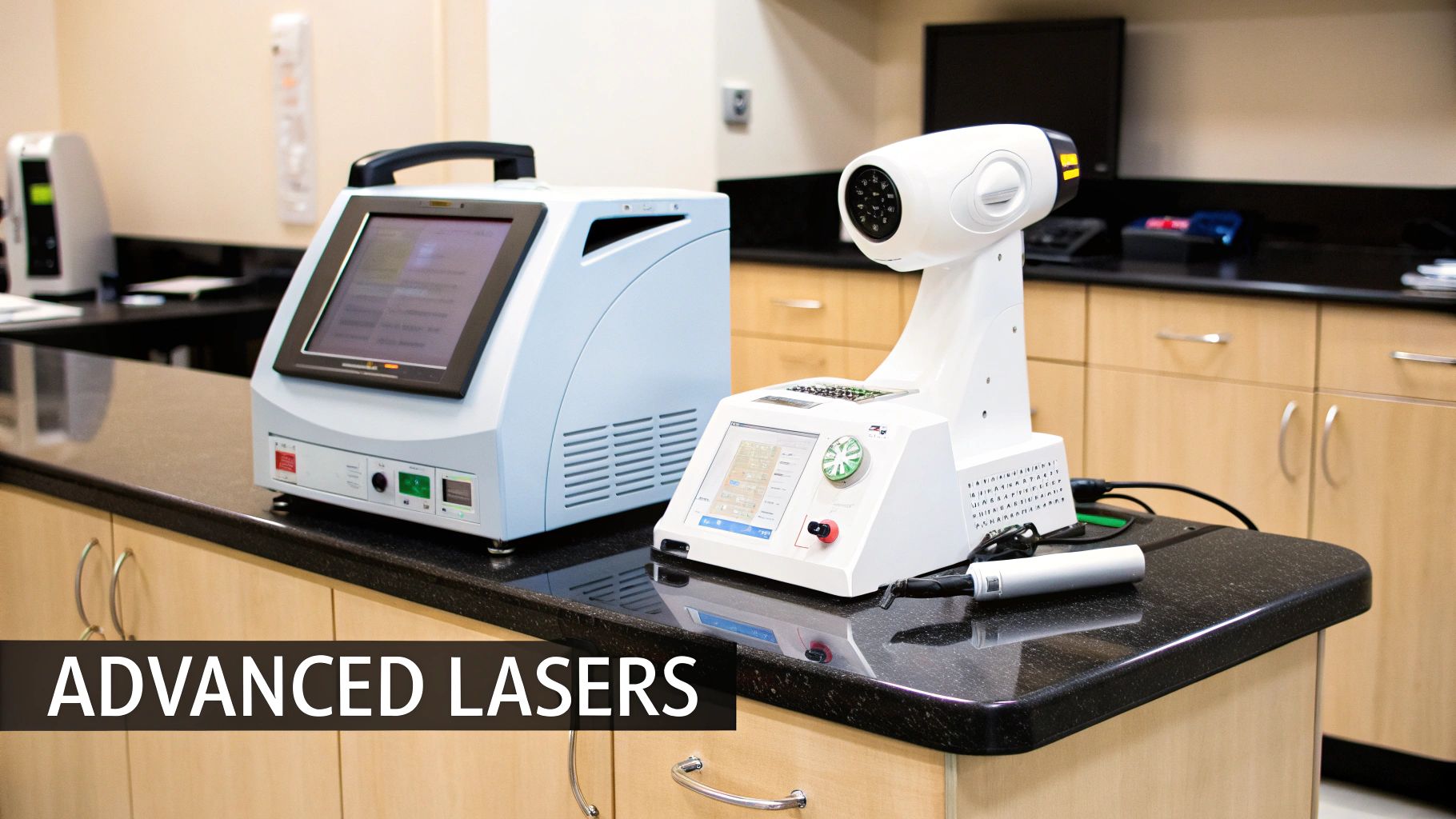 Two advanced medical laser machines on a black counter in a modern clinic or lab setting.