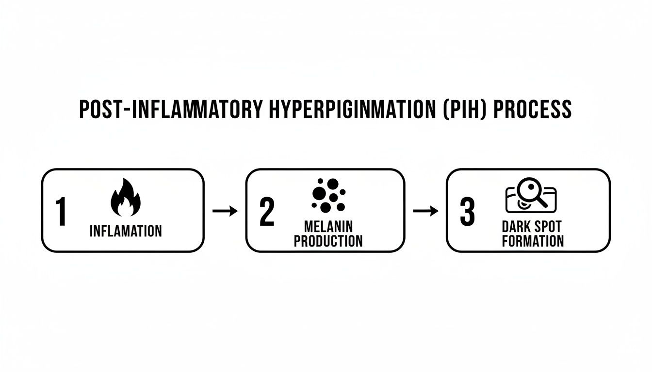 A three-step diagram illustrating the post-inflammatory hyperpigmentation (PIH) process in skin.