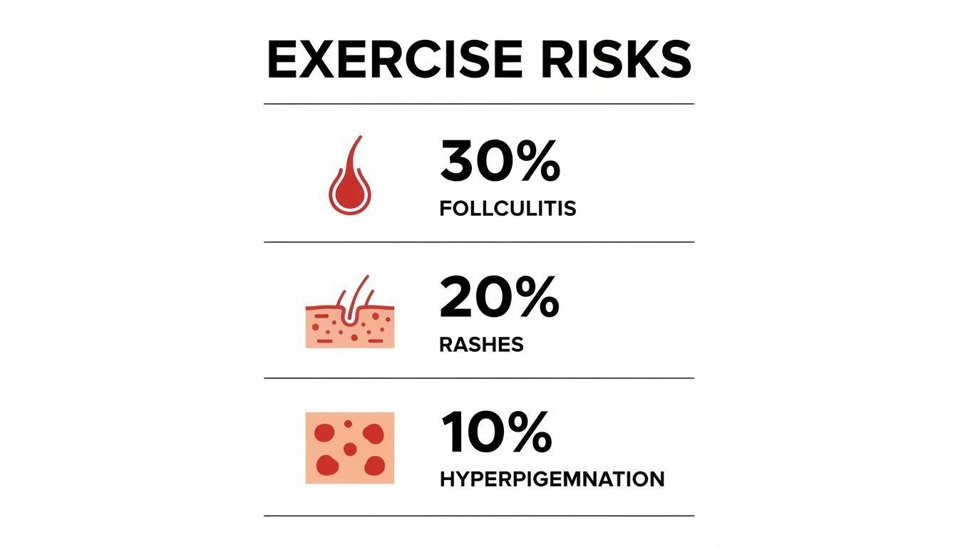 Infographic detailing potential exercise risks: 30% folliculitis, 20% rashes, and 10% hyperpigmentation.
