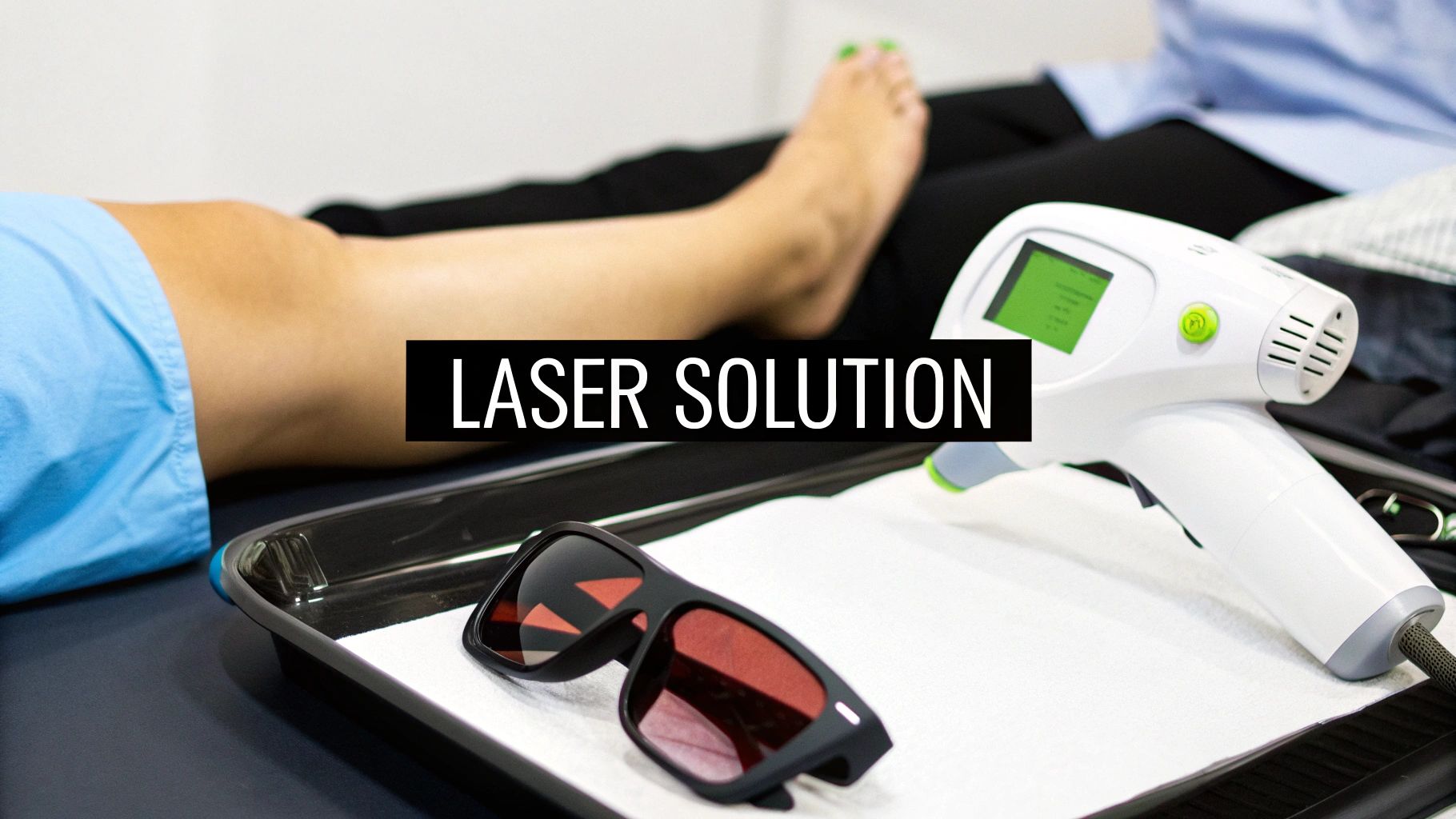 A person's leg on a treatment table with a laser therapy device and protective glasses.