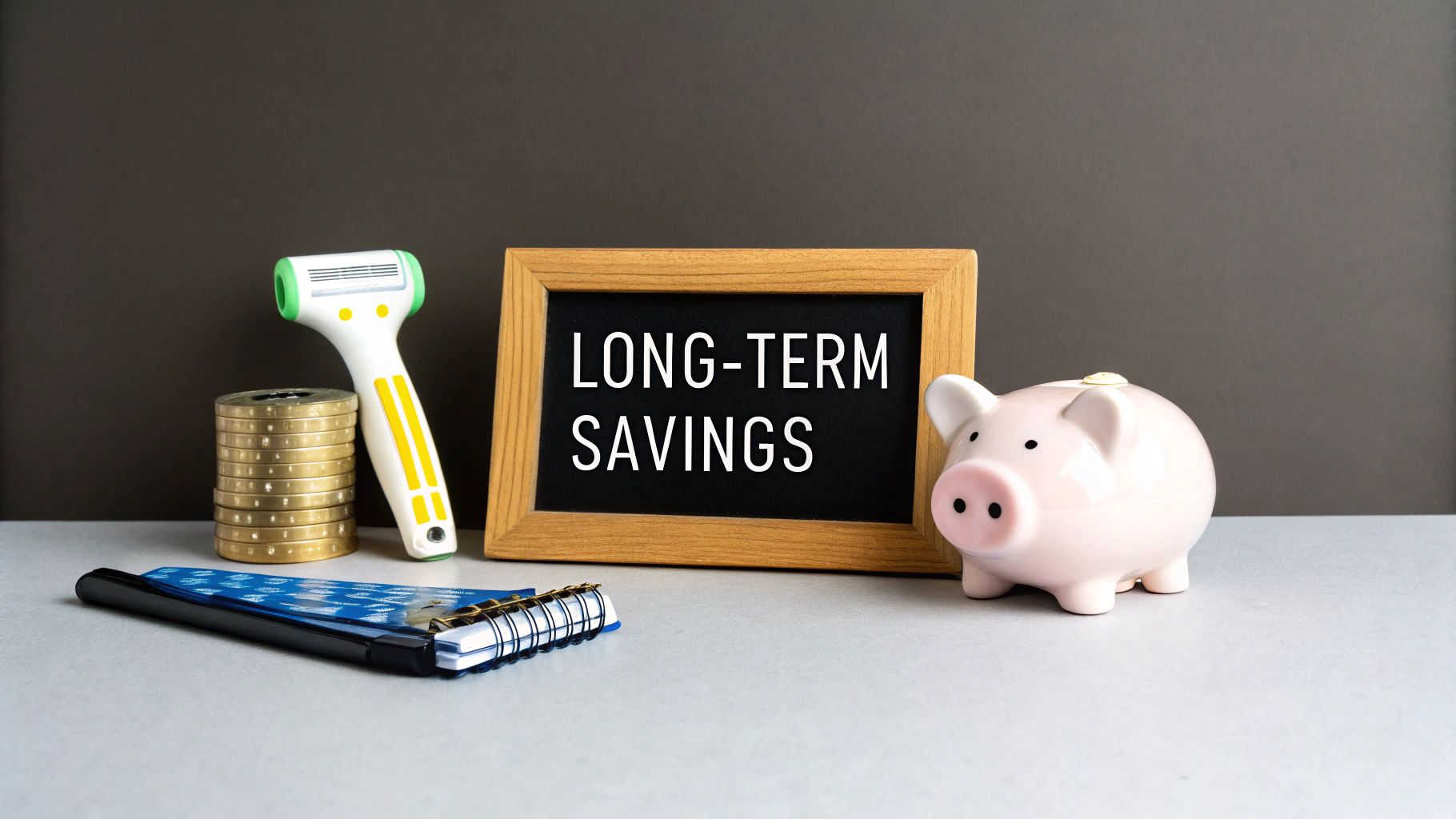 A desk setup featuring a sign that reads 'LONG-TERM SAVINGS', a pink piggy bank, and a stack of gold coins.