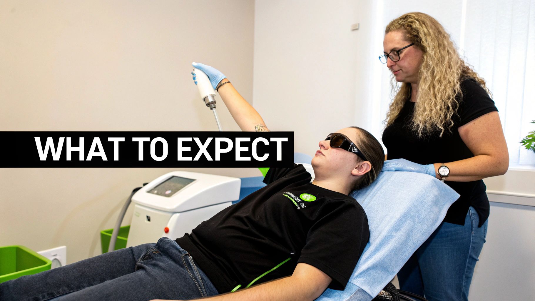 A person lies on a treatment bed, wearing protective eyewear, while a technician performs a laser procedure.