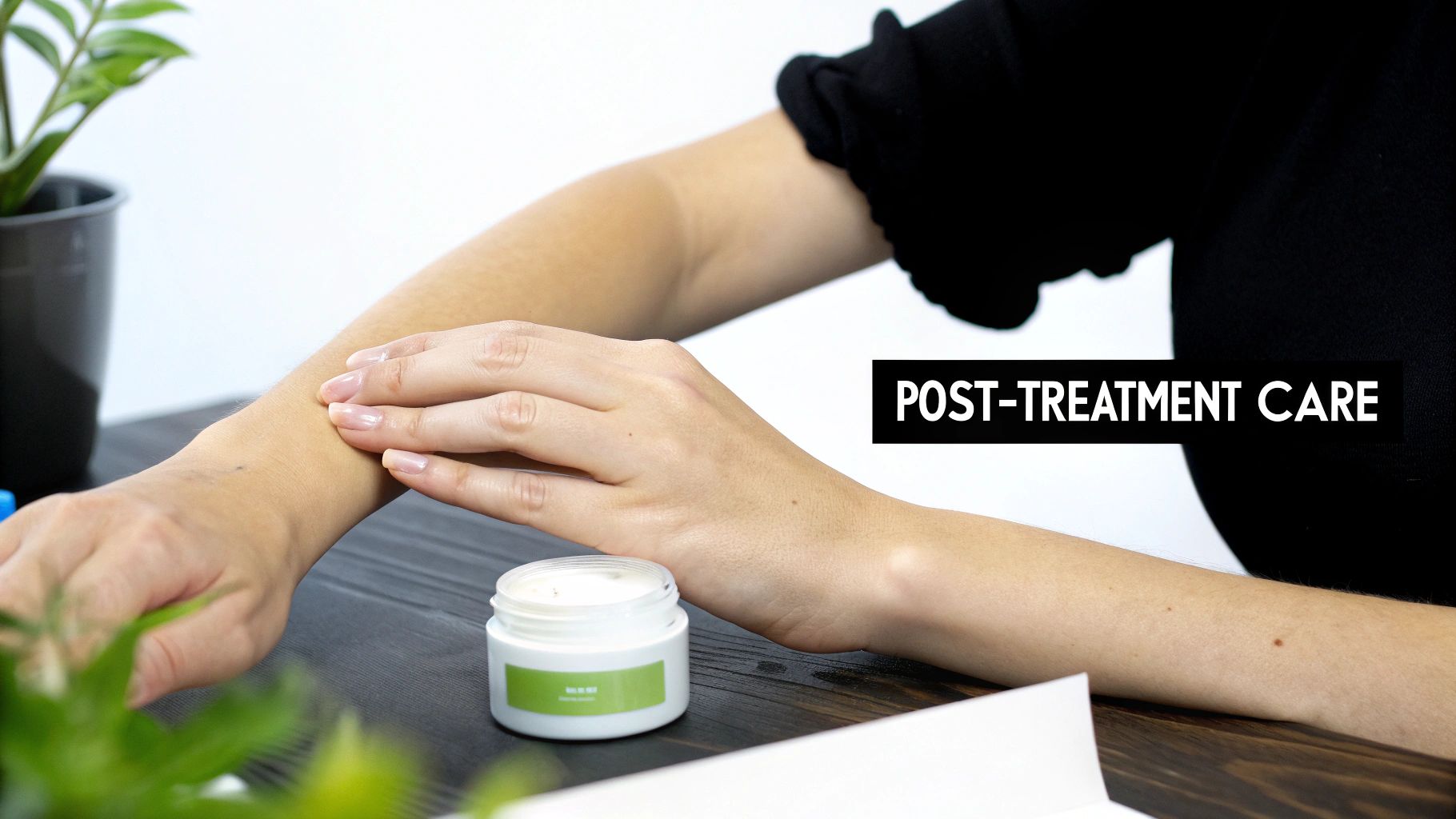 A person gently applies white cream to their arm for post-treatment care.