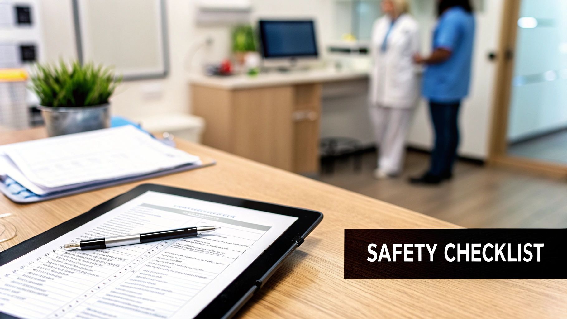 A safety checklist on a tablet and a pen on a medical office desk, with blurred healthcare workers.
