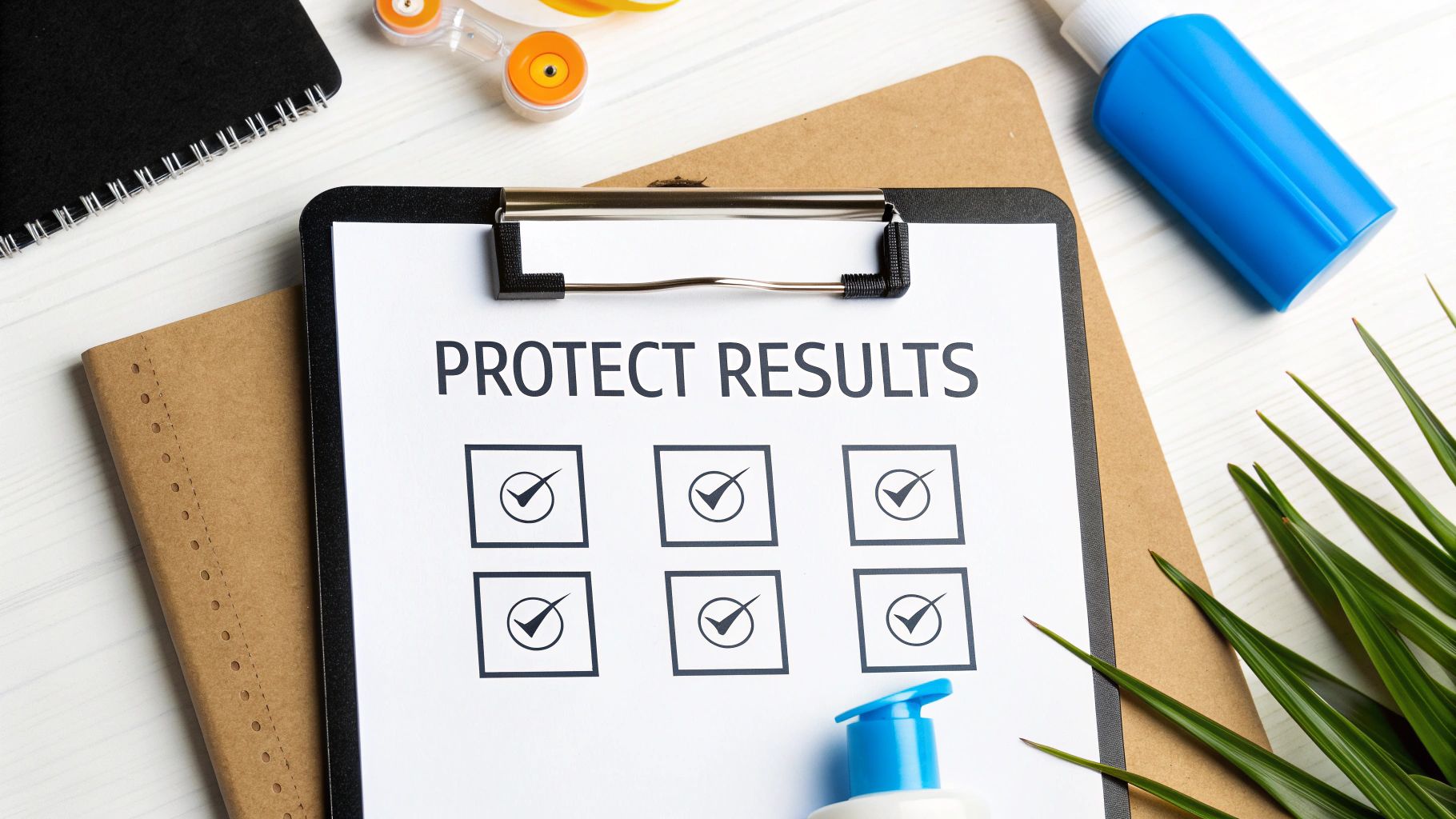 A clipboard with 'PROTECT RESULTS' text and six checked boxes, surrounded by skincare items.