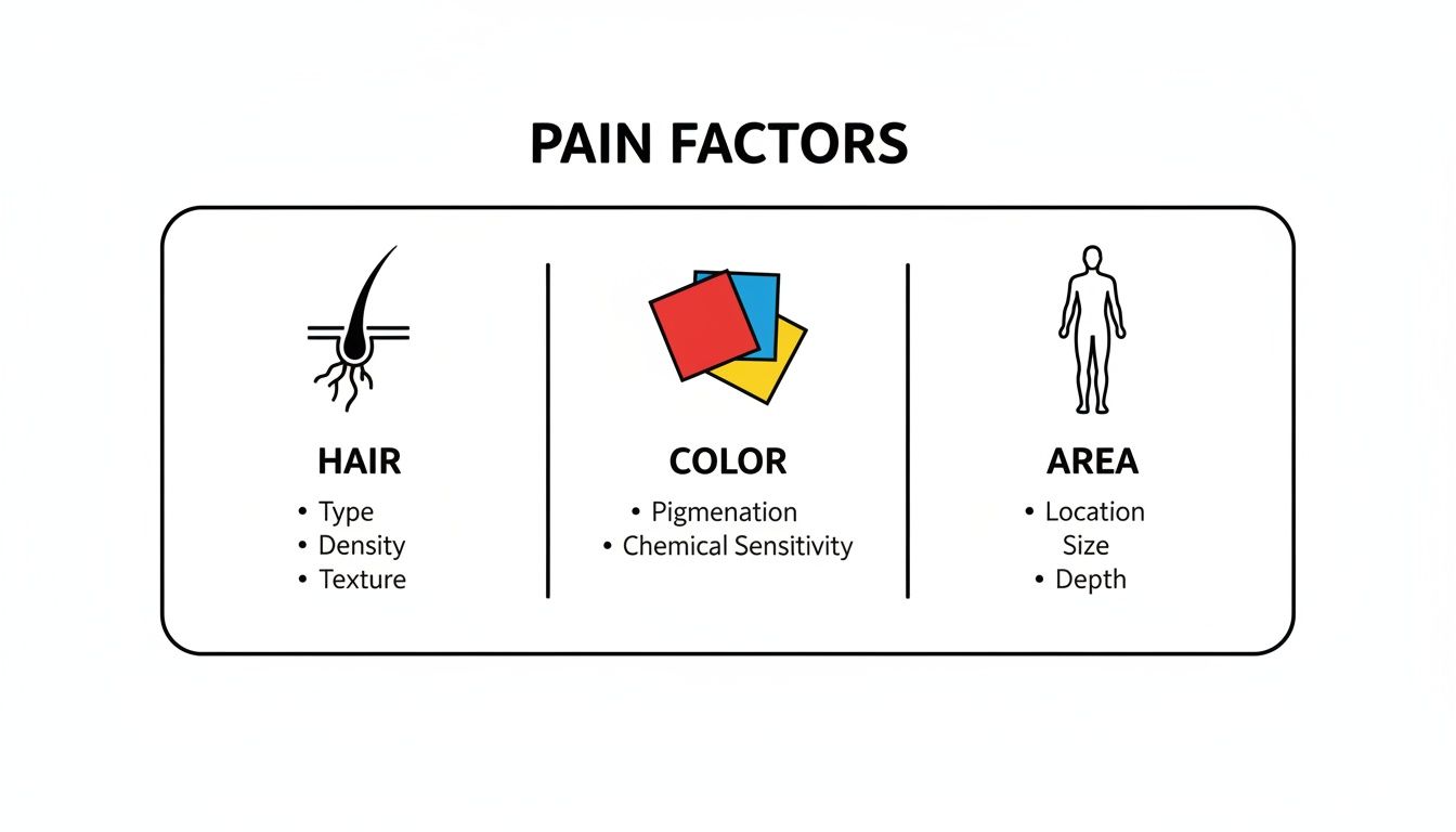 An infographic illustrating pain factors related to hair, color, and treatment area.