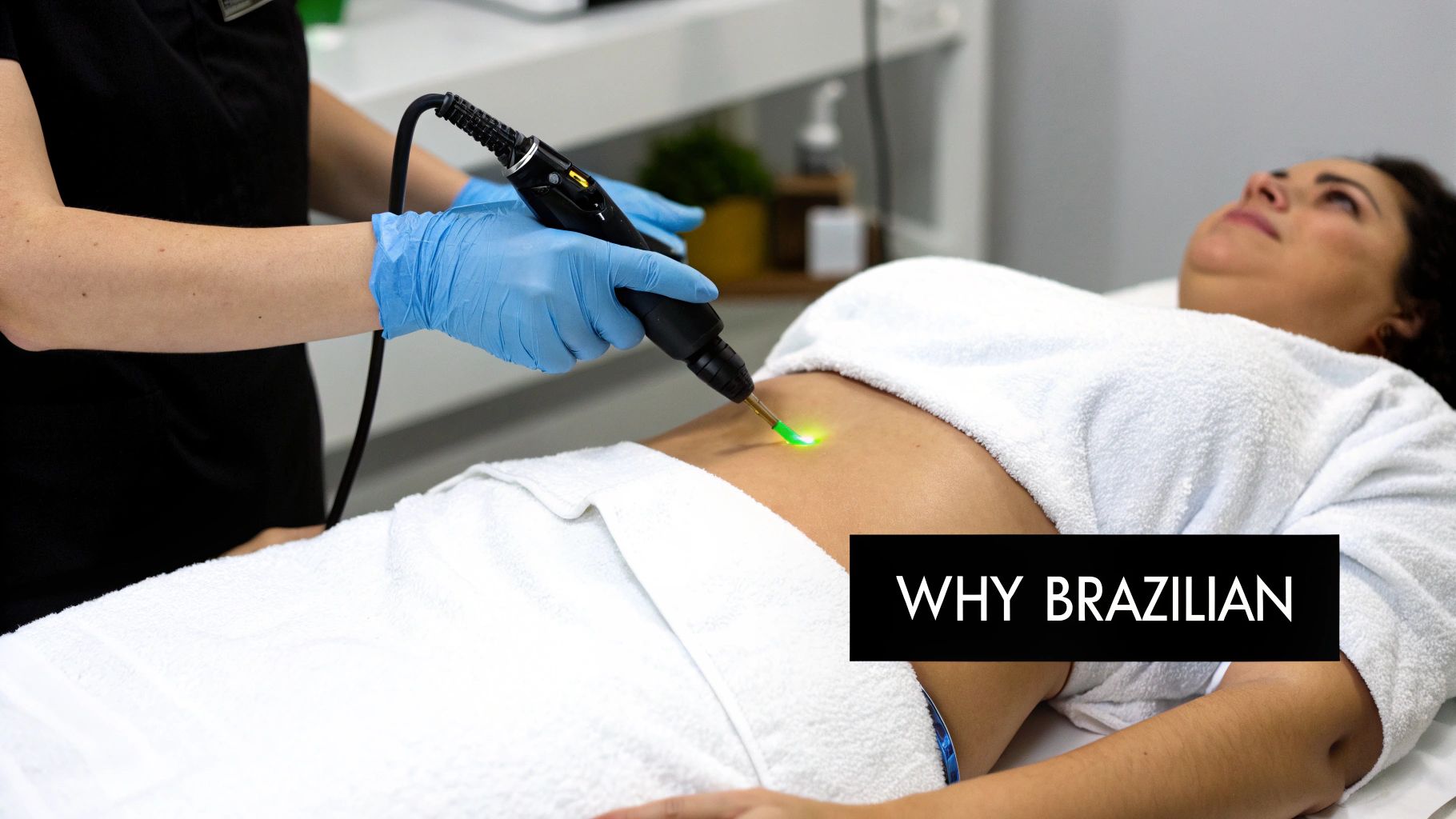 A gloved technician performs laser hair removal on a woman's abdomen in a bright clinic room.